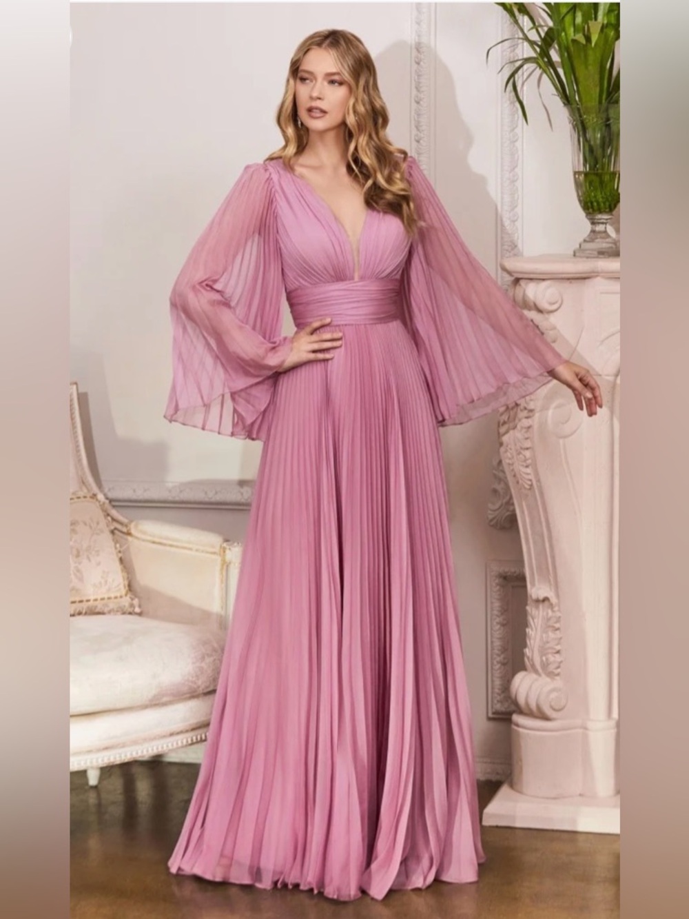 Cinderella Divine - Pleated Chiffon Long Sleeve Gown - Blossom Pink - NWT - 8